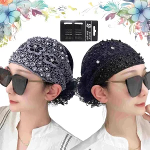 RJDJ Women's Headwrap, 2pcs-B Floral Lace with Pearl Embedded, High Elastic Mesh Headband, Hair Accessories for Spring Summer Elegant (2pcs)