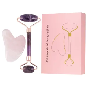 Rockcloud Natural Crystal Jade Roller and Gua Sha Scraping Set Massager Tool for Anti Aging Beauty Neck Body Reduce Wrinkles Facial Massager Therapy Amethyst and Rose Quartz