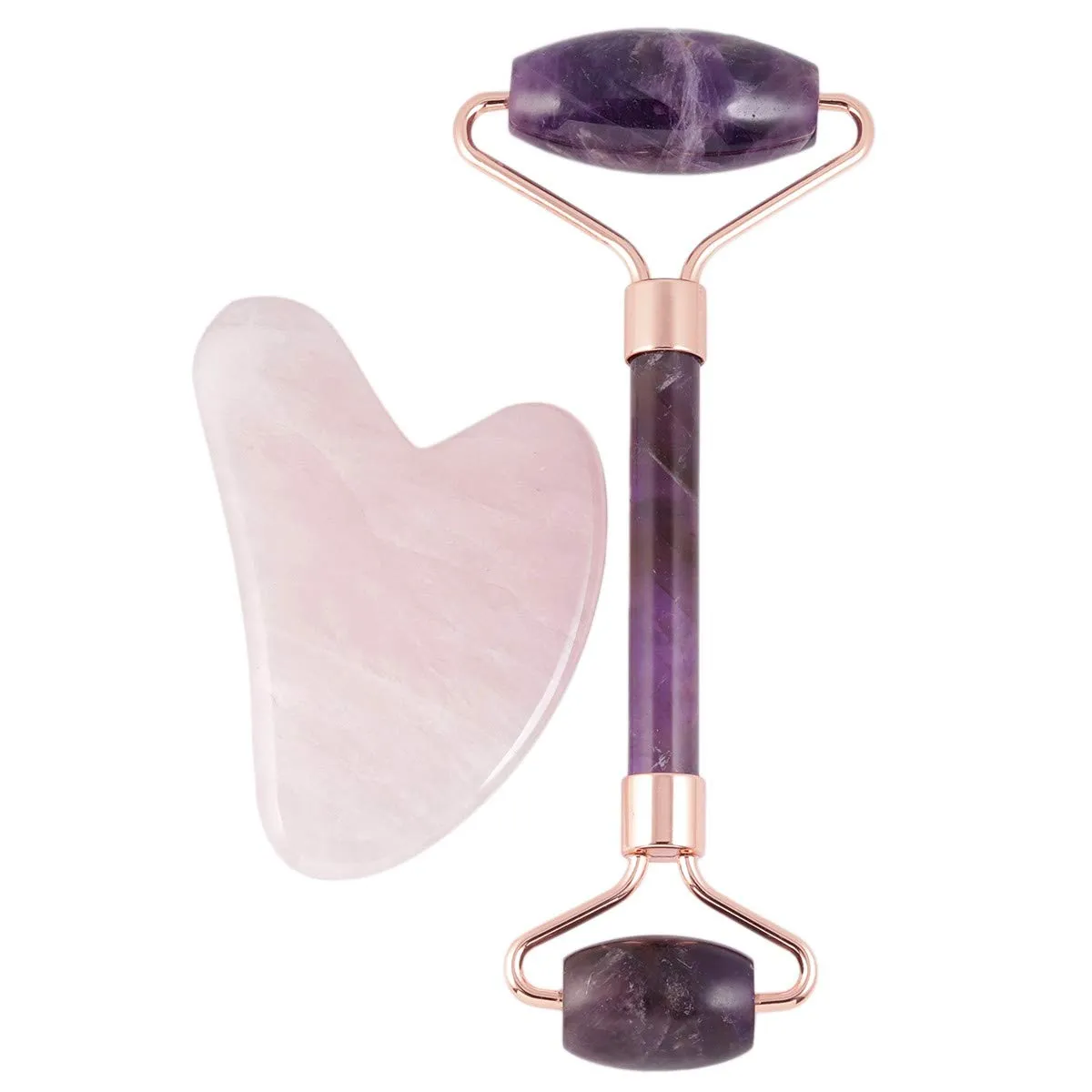 Rockcloud Natural Crystal Jade Roller and Gua Sha Scraping Set Massager Tool for Anti Aging Beauty Neck Body Reduce Wrinkles Facial Massager Therapy Amethyst and Rose Quartz