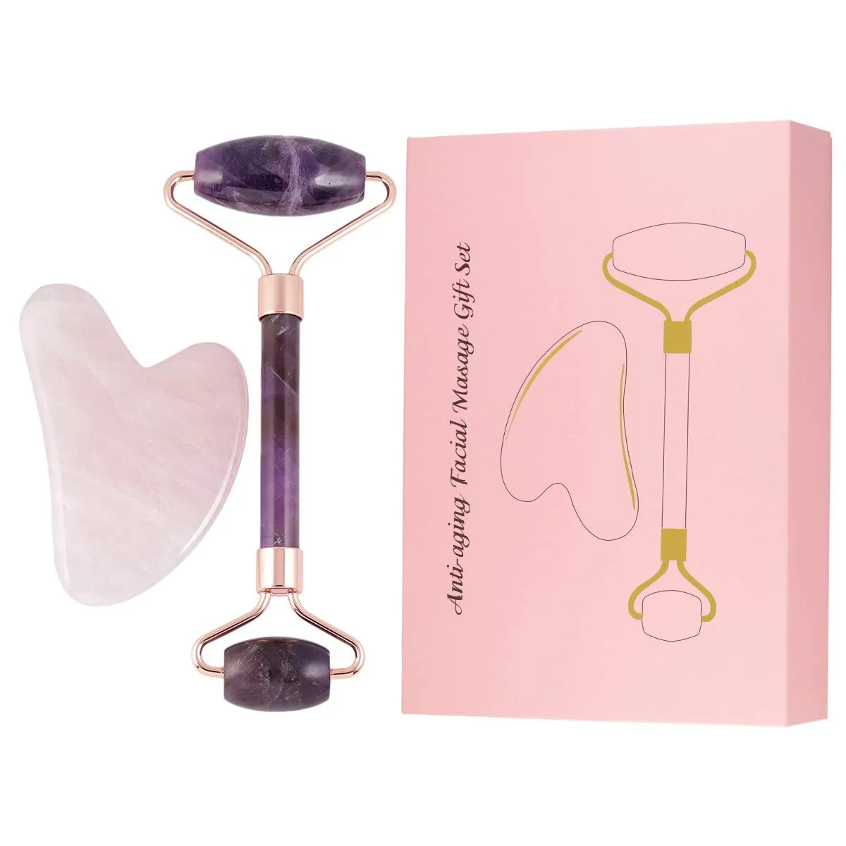 Rockcloud Natural Crystal Jade Roller and Gua Sha Scraping Set Massager Tool for Anti Aging Beauty Neck Body Reduce Wrinkles Facial Massager Therapy Amethyst and Rose Quartz