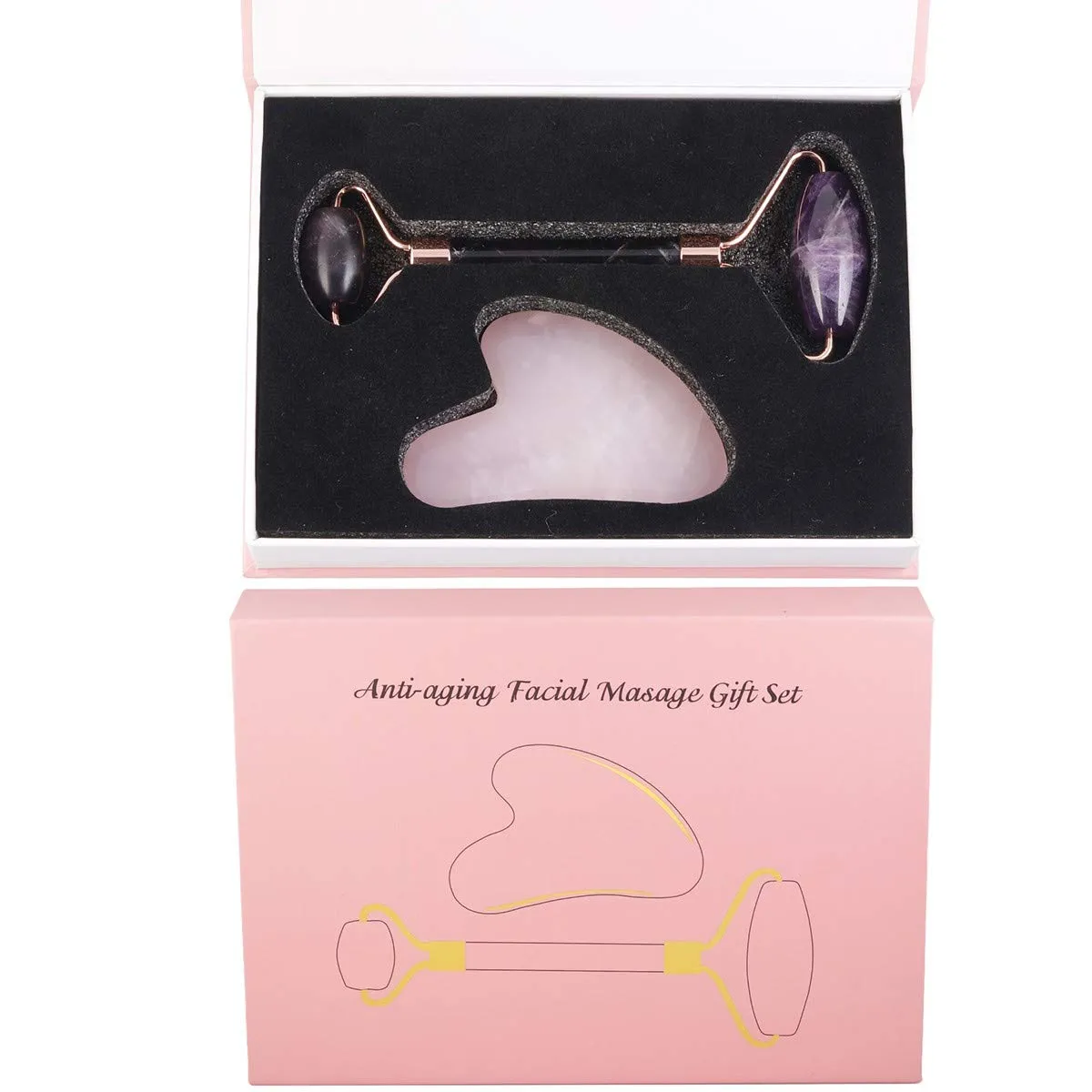 Rockcloud Natural Crystal Jade Roller and Gua Sha Scraping Set Massager Tool for Anti Aging Beauty Neck Body Reduce Wrinkles Facial Massager Therapy Amethyst and Rose Quartz