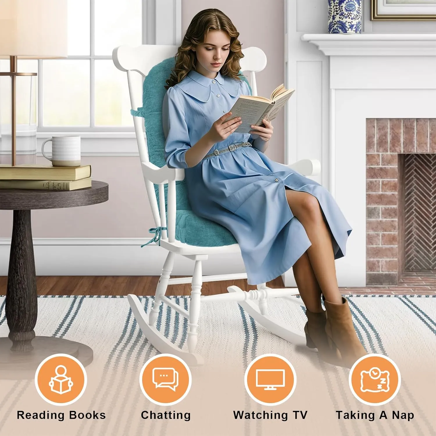 Rocking Chair Cushion - Chenille Fabric, High-Density Sponge, Durable Comfort Double-Sided Tufted Seat Pads with Ties, Chenille︱Blue, 44x19x4 inch