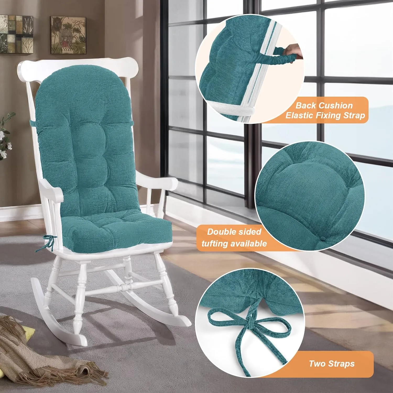 Rocking Chair Cushion - Chenille Fabric, High-Density Sponge, Durable Comfort Double-Sided Tufted Seat Pads with Ties, Chenille︱Blue, 44x19x4 inch