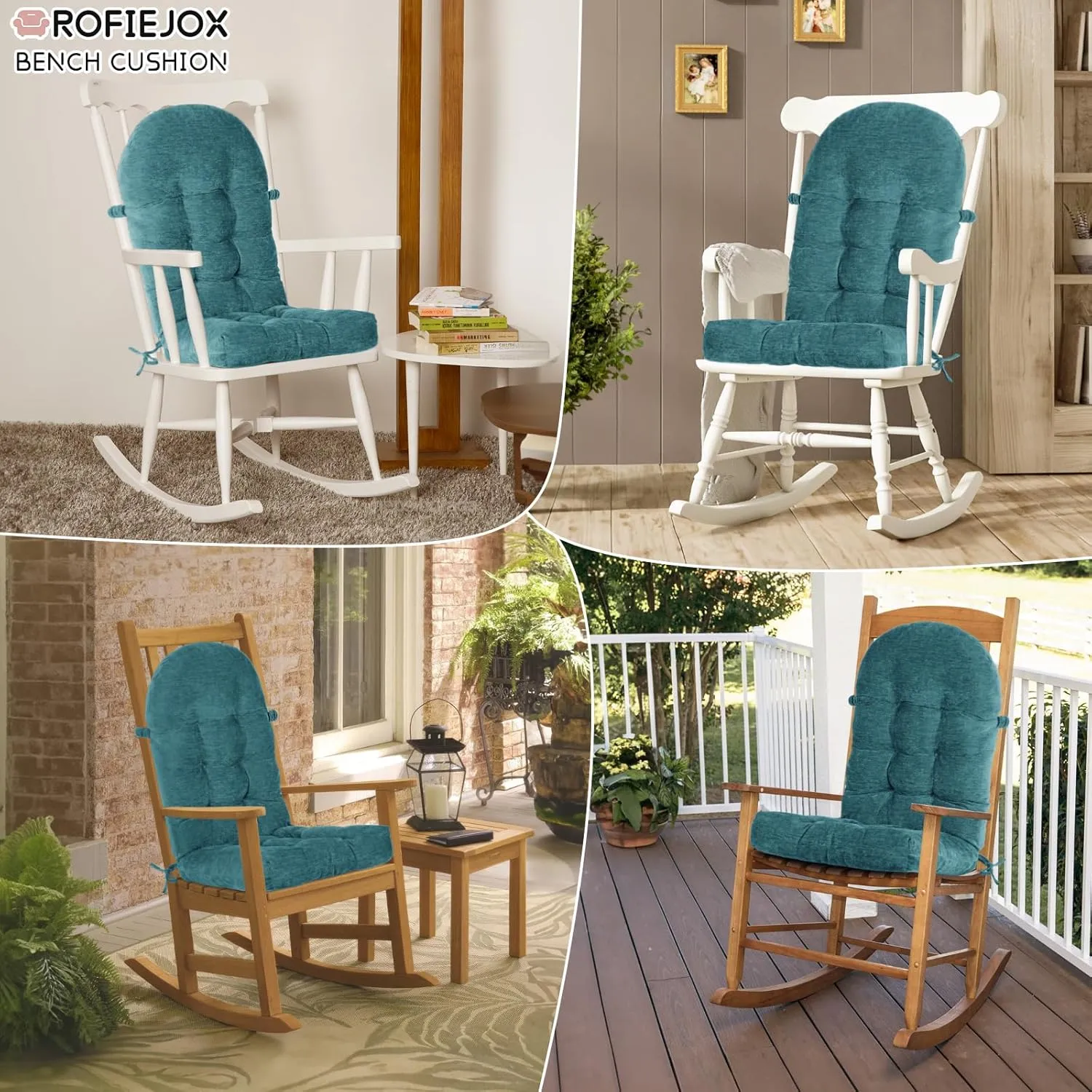 Rocking Chair Cushion - Chenille Fabric, High-Density Sponge, Durable Comfort Non-Slip Bottom Tufted Seat Pads with Ties, Chenille︱Blue, 44x19x4 inch