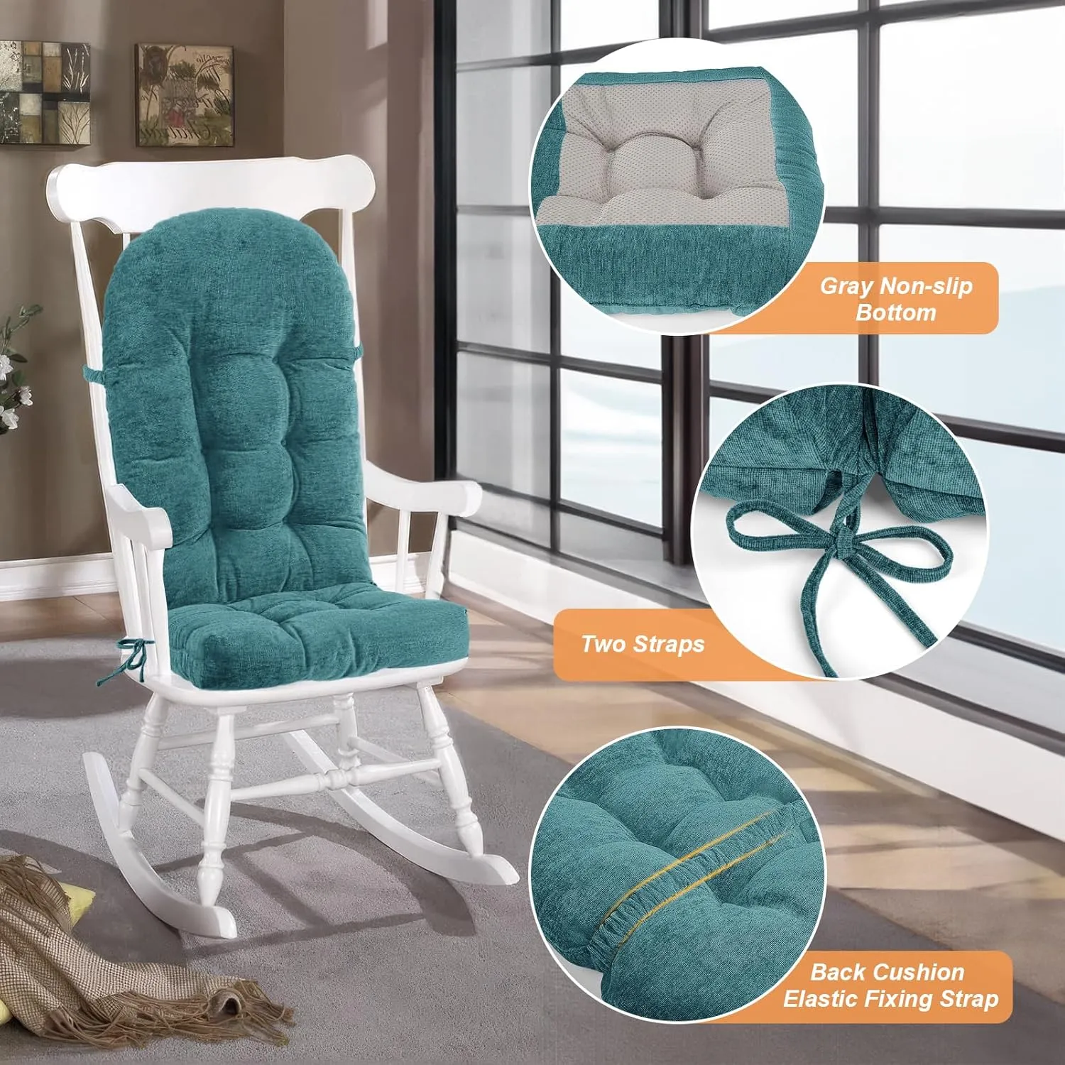 Rocking Chair Cushion - Chenille Fabric, High-Density Sponge, Durable Comfort Non-Slip Bottom Tufted Seat Pads with Ties, Chenille︱Blue, 44x19x4 inch