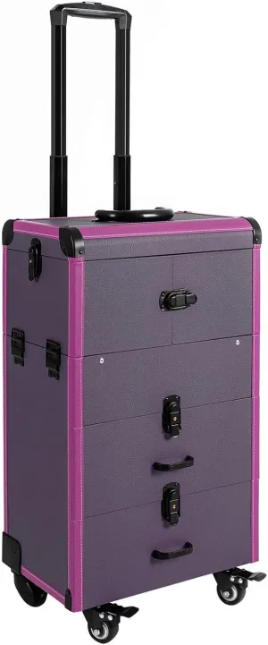 Rolling Case, Professional Makeup Train Case Rolling Makeup Case, Professional Cosmetology Trolley,Makeup Case with Lighted Mirror (Purple)