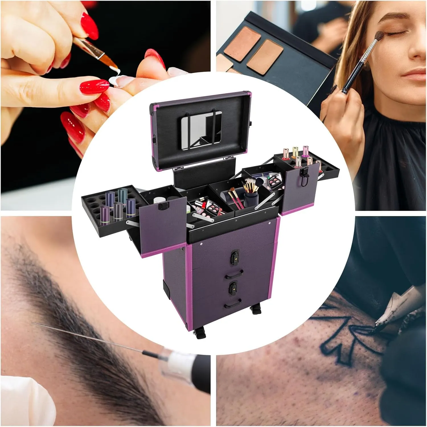 Rolling Case, Professional Makeup Train Case Rolling Makeup Case, Professional Cosmetology Trolley,Makeup Case with Lighted Mirror (Purple)
