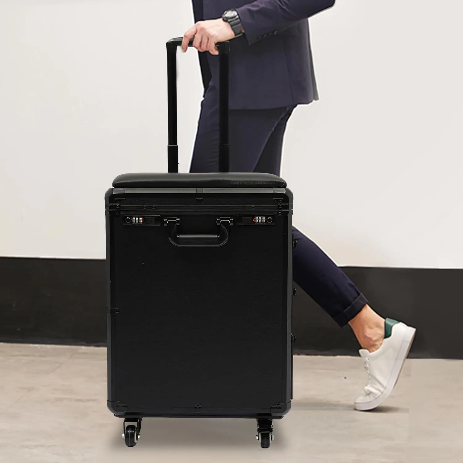 Rolling Makeup Case, 16.5x11x21in Makeup Case with 4 Universal Wheels, Makeup Case with Combination Lock for Make-up Artists (Metal)