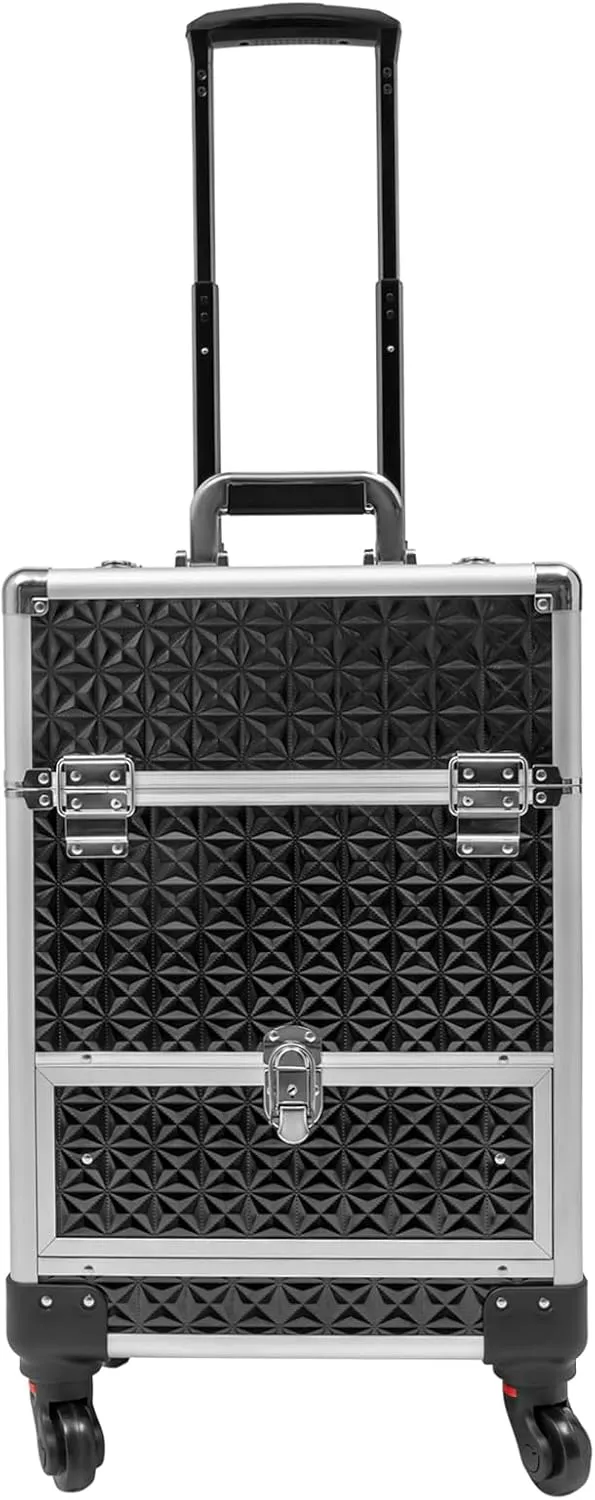 Rolling Makeup Case, 3 in 1 Professional Makeup Train Case with Wheels, Aluminum Cosmetic Case Rolling Makeup Case for Makeup Artist Nail Technician Hair Stylist Crafters