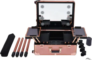 Rolling Makeup Case, Make up Suitcase Cosmetic Trolley Barber Case Traveling Cart Trunk with Detachable Wheels Adjustable LED Lighted Studio for Makeup Enthusiasts,Private Homes, Parties