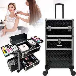 Rolling Makeup Case, Multi-Functional Cosmetic Trolley with Wheels, Large Storage Traveling Cart Trunk for Nail Technicians, Makeup Artist and Hairstylist, Black
