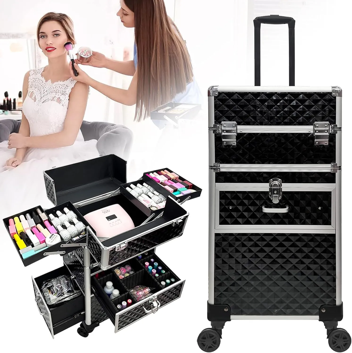 Rolling Makeup Case, Multi-Functional Cosmetic Trolley with Wheels, Large Storage Traveling Cart Trunk for Nail Technicians, Makeup Artist and Hairstylist, Black