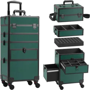 Rolling Makeup Case with Drawer, Makeup Train Case, 4 in 1Cosmetology Case on Wheels, Christmas Gift, Large Makeup Case Organizers, Profesional Cosmetic Case for Salon Barber, Green