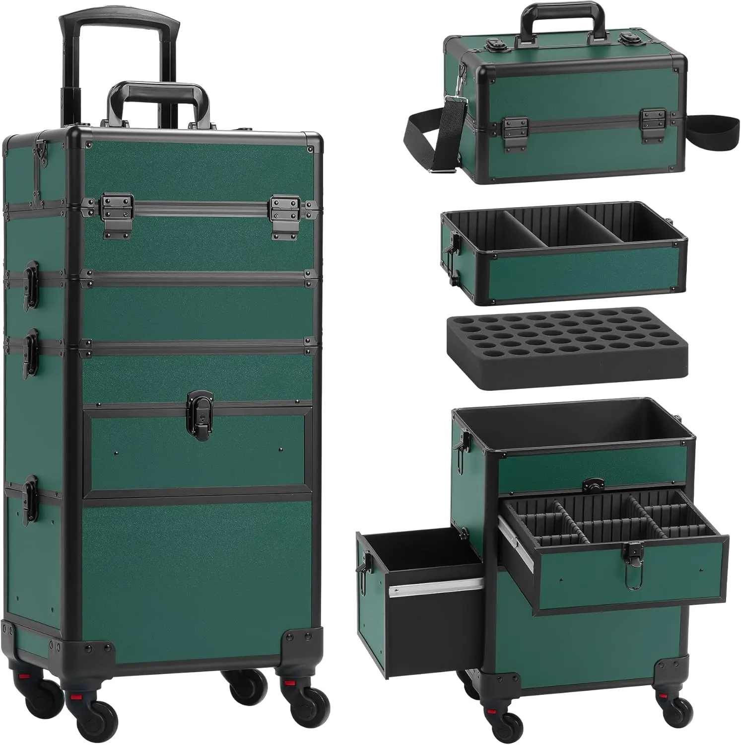 Rolling Makeup Case with Drawer, Makeup Train Case, 4 in 1Cosmetology Case on Wheels, Christmas Gift, Large Makeup Case Organizers, Profesional Cosmetic Case for Salon Barber, Green