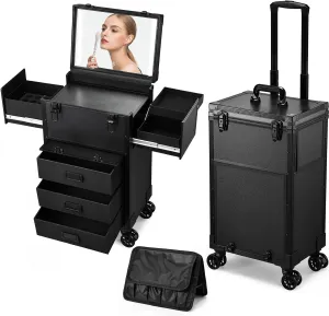 Rolling Makeup Case with lighted mirror, Cosmetology Case on Wheels with LED Mirror, Professional Salon Trolley Cart with Drawer,Travel Makeup Lockable Beauty Organizer with Live Stream Light