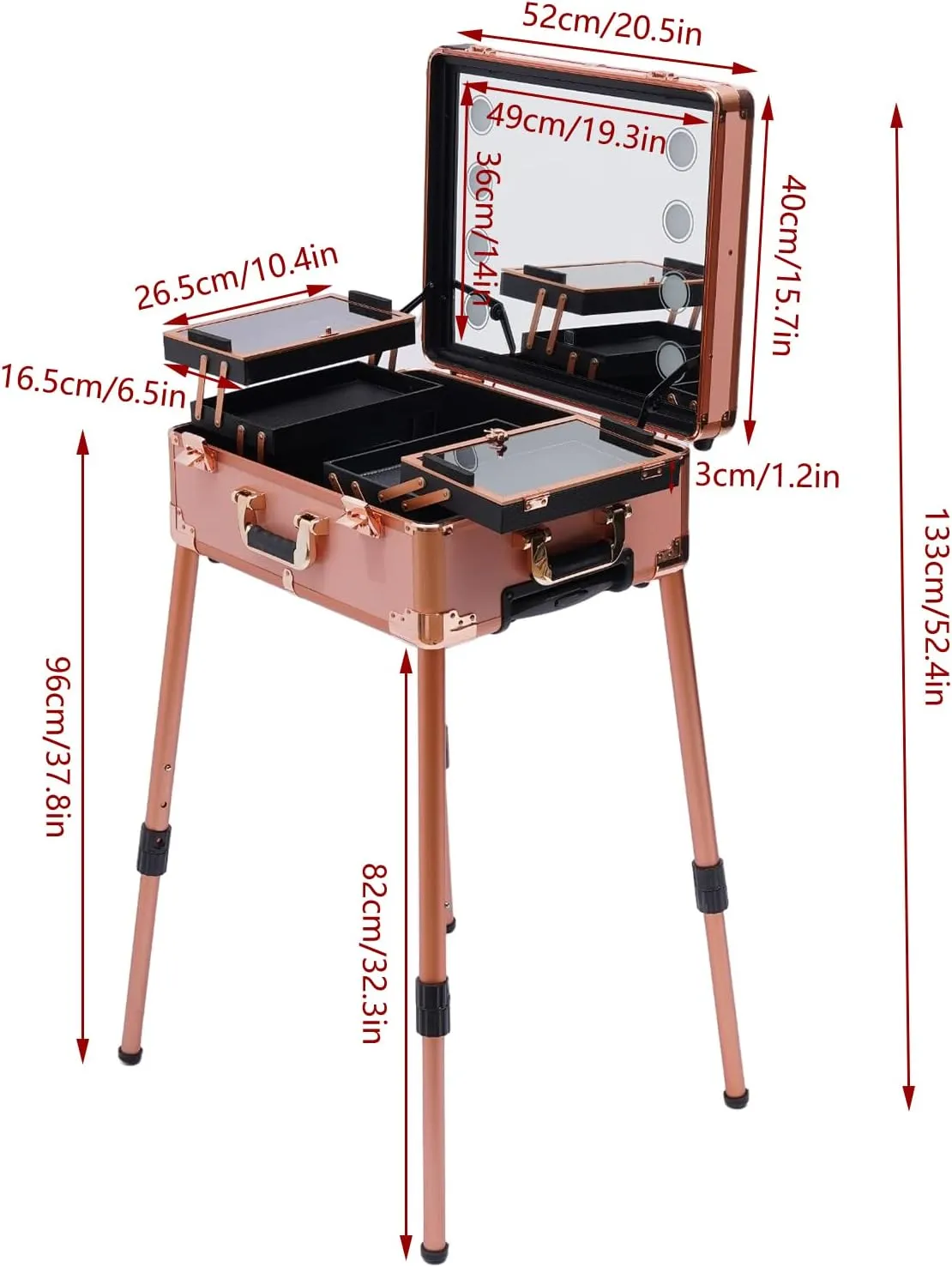 Rolling Makeup Train Case 22 Inch Cosmetology Case on Wheels 110.23 LBS Hand-Pulled Rolling Makeup Case with 4 Universal Wheels Makeup Train Case with LED Light & Mirror (Rose Gold)