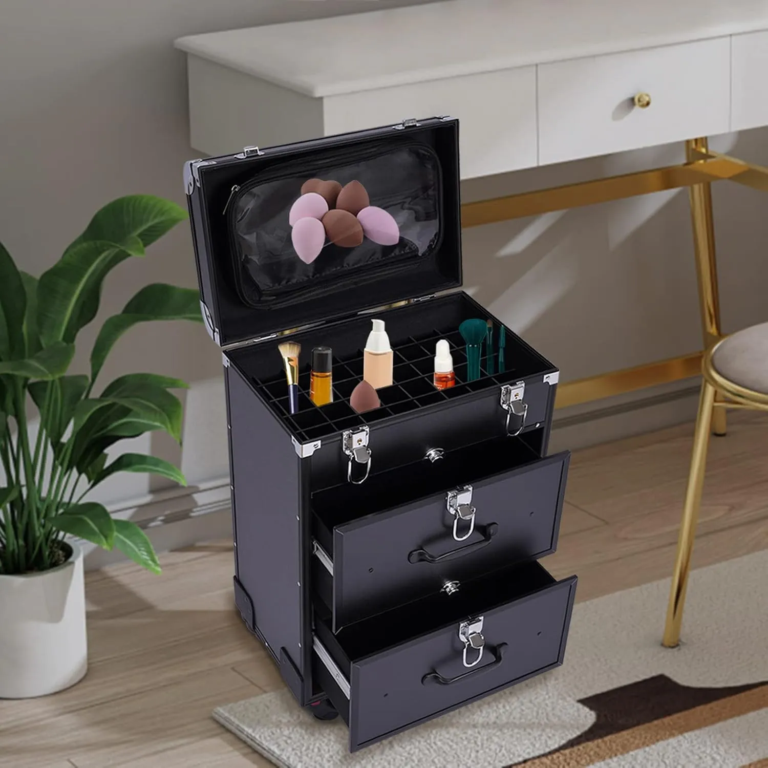 Rolling Makeup Train Case, 3 in 1 Rolling Makeup Case, Large Drawers Nail Organizer Case with Wheels, Makeup Train Case for Mobile Stylist Artists Nail Salon Cart Trunk (Black)