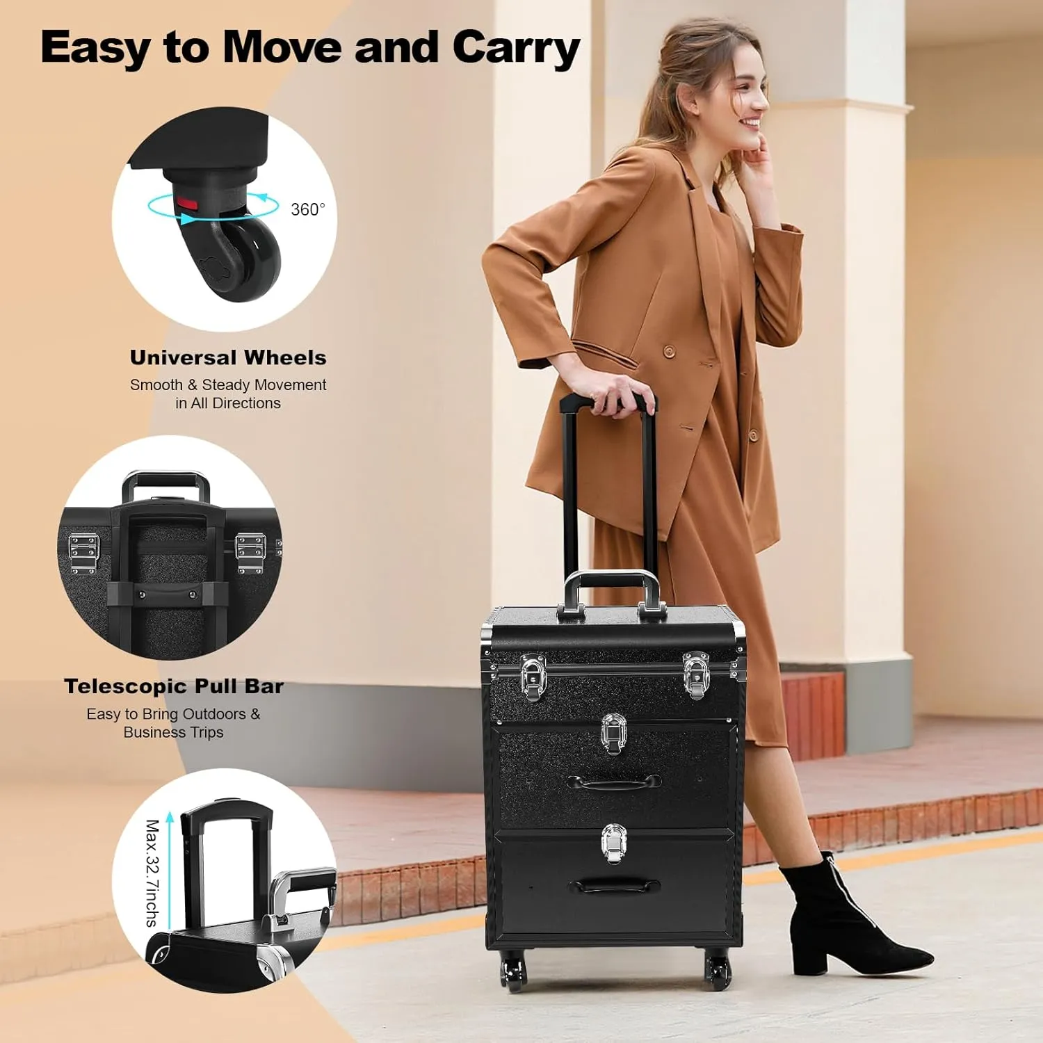 Rolling Makeup Train Case, 3 in 1 Rolling Makeup Case, Large Drawers Nail Organizer Case with Wheels, Makeup Train Case for Mobile Stylist Artists Nail Salon Cart Trunk (Black)