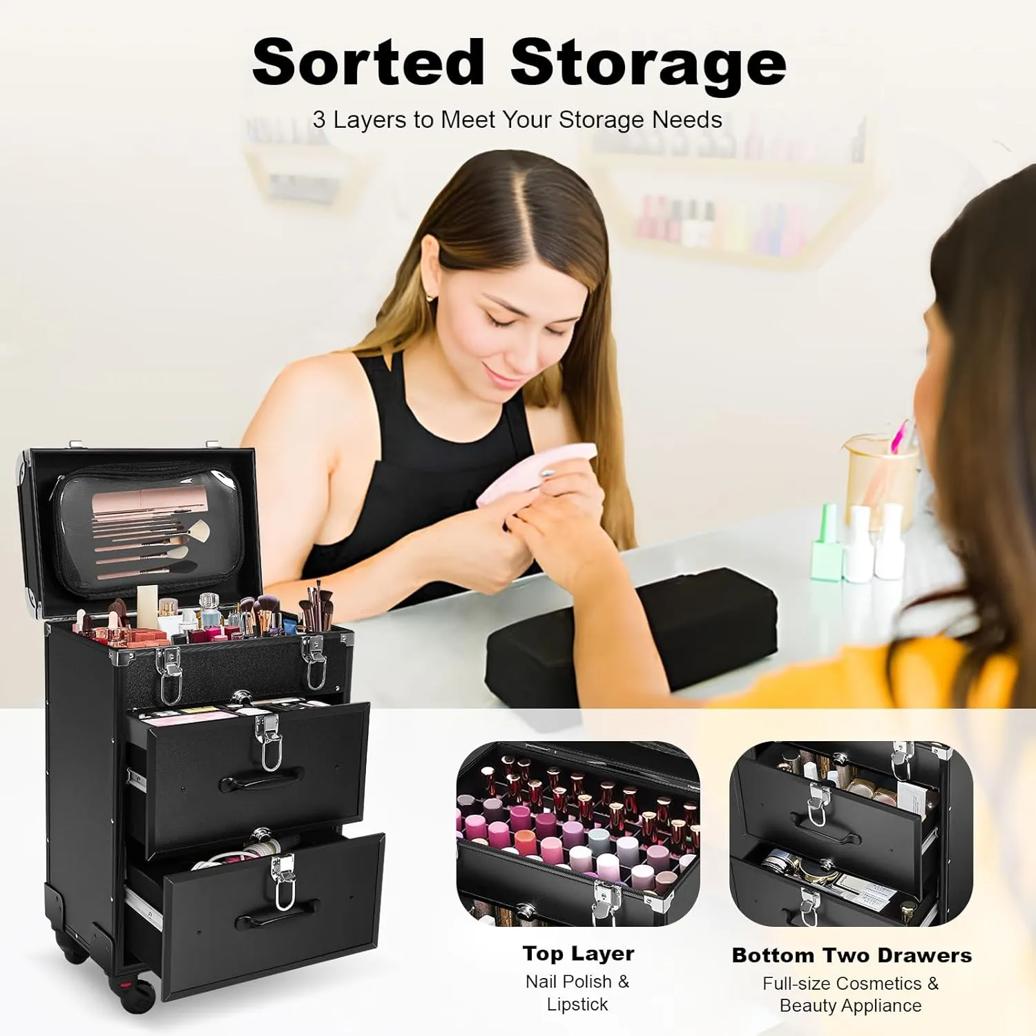 Rolling Makeup Train Case, 3 in 1 Rolling Makeup Case, Large Drawers Nail Organizer Case with Wheels, Makeup Train Case for Mobile Stylist Artists Nail Salon Cart Trunk (Black)