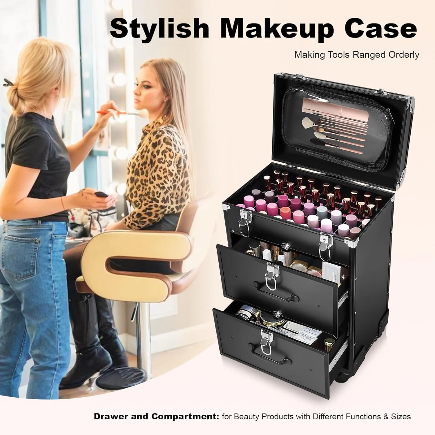 Rolling Makeup Train Case, 3 in 1 Rolling Makeup Case, Large Drawers Nail Organizer Case with Wheels, Makeup Train Case for Mobile Stylist Artists Nail Salon Cart Trunk (Black)