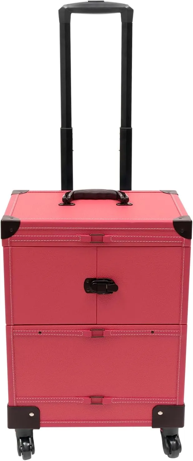 Rolling Makeup Train Case, Large Capacity Trolley Makeup Travel Case with Mirror Key Wheel, Professional Cosmetic Organizer for Make-Up Artist Hairdresser Nail Technician Beautician (Rose)