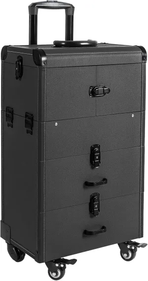 Rolling Makeup Train Case Large, Professional Makeup Case with 4 Removable Trays,3 in 1 Large Capacity Trolley Makeup Traveling Cart, Multi-functional Cosmetic Trolley for Salon Barber(Black)