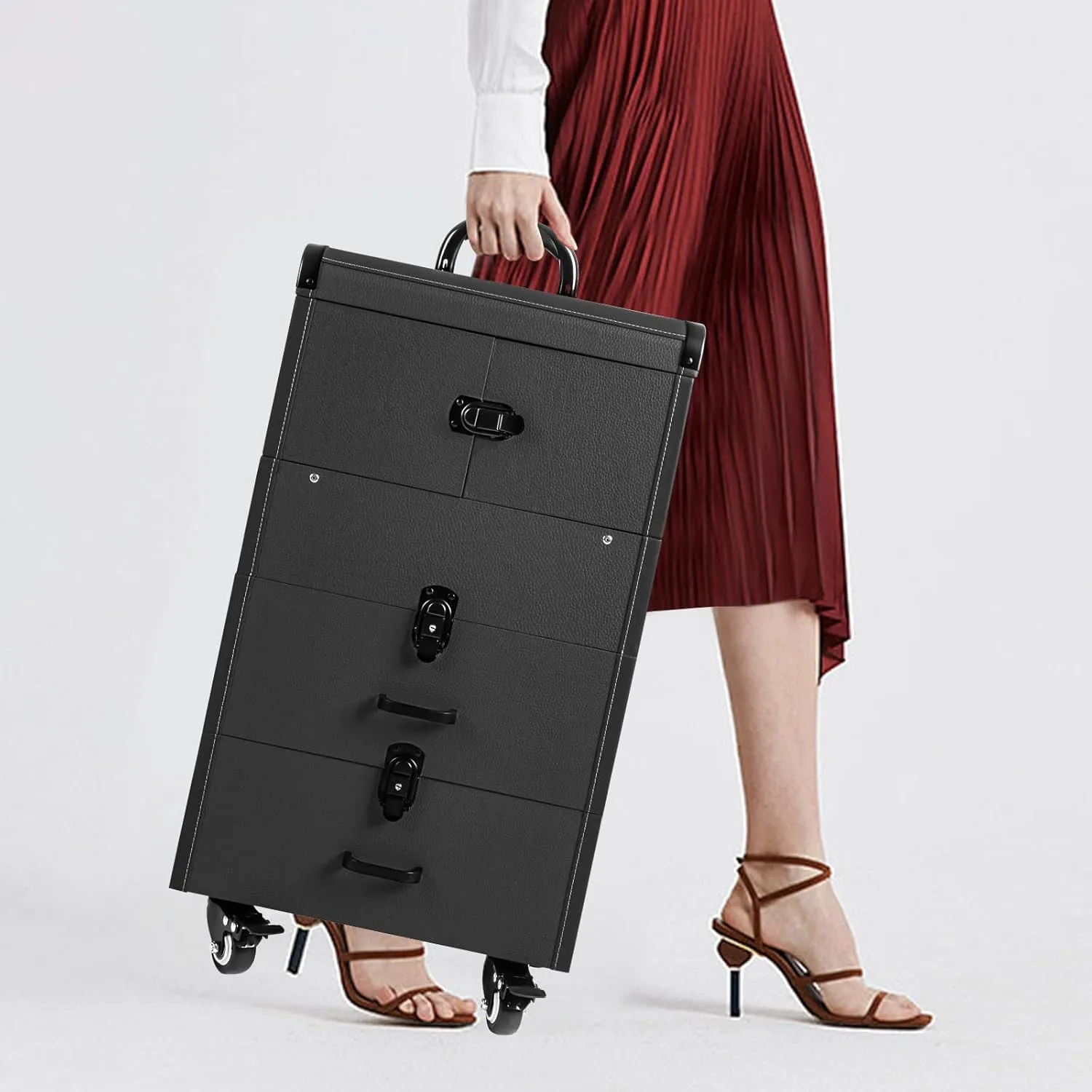 Rolling Makeup Train Case Large, Professional Makeup Case with 4 Removable Trays,3 in 1 Large Capacity Trolley Makeup Traveling Cart, Multi-functional Cosmetic Trolley for Salon Barber(Black)