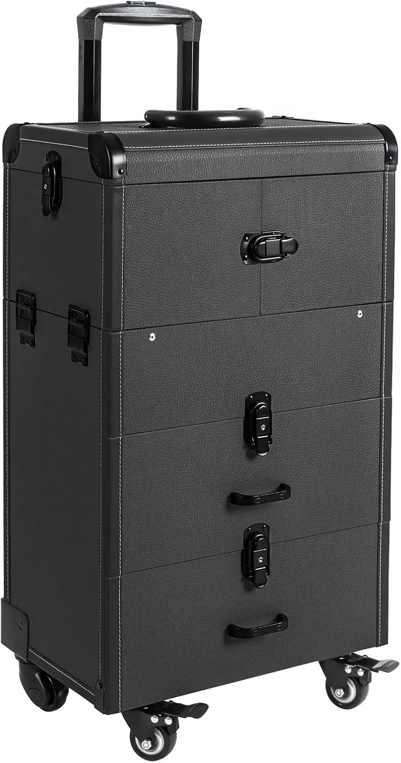 Rolling Makeup Train Case Large, Professional Makeup Case with 4 Removable Trays,3 in 1 Large Capacity Trolley Makeup Traveling Cart, Multi-functional Cosmetic Trolley for Salon Barber(Black)
