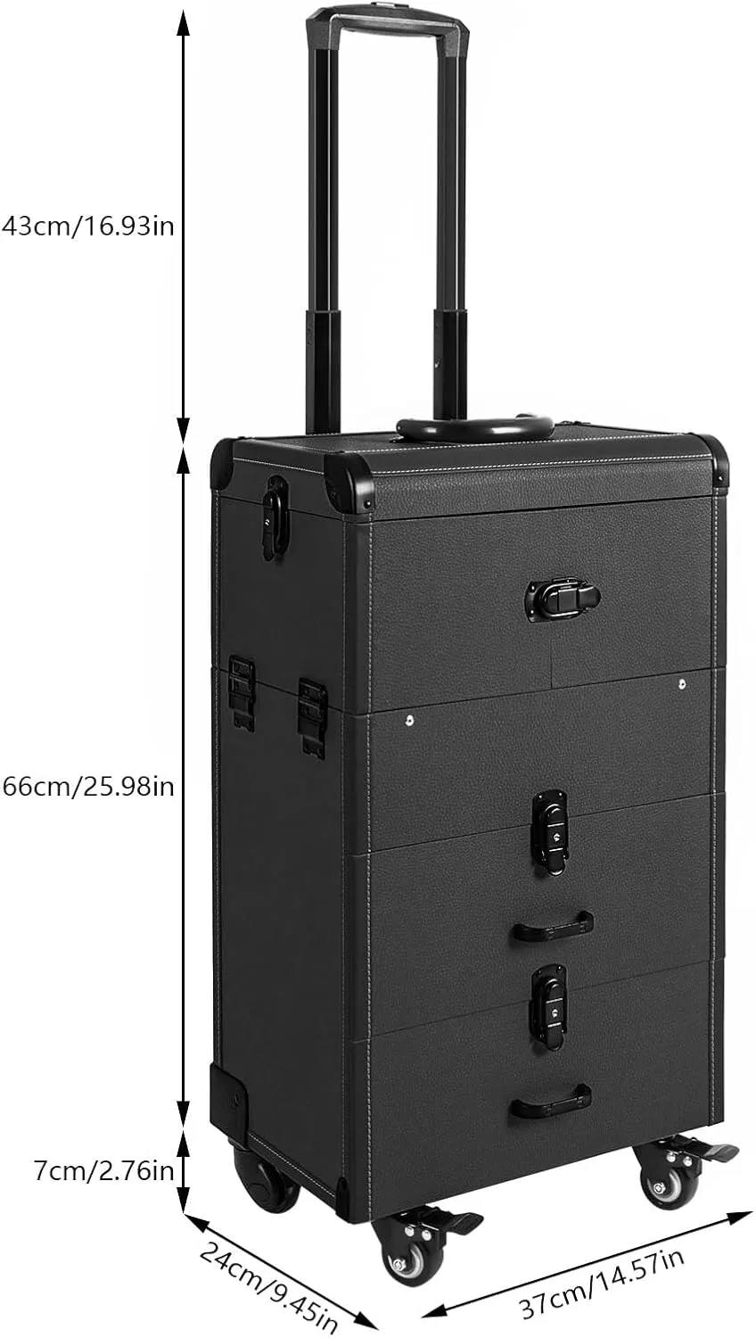 Rolling Makeup Train Case Large, Professional Makeup Case with 4 Removable Trays,3 in 1 Large Capacity Trolley Makeup Traveling Cart, Multi-functional Cosmetic Trolley for Salon Barber(Black)