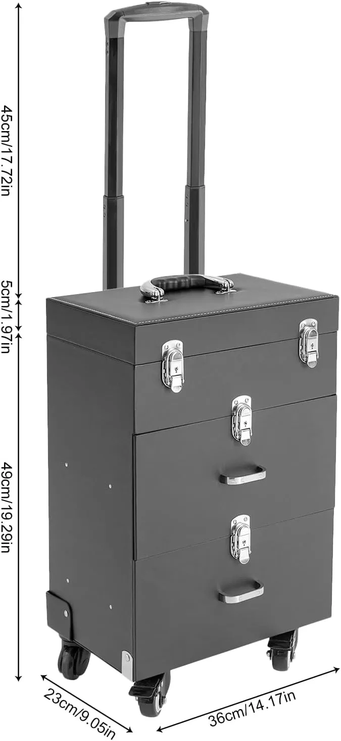 Rolling Makeup Train Case With Drawer Travel Cosmetic Box Make Up Train Storage Trolley Organizer Luggage W/ 4Universal Wheels For Makeup Artist Hairdresser Nail Artist Esthetician (Black)