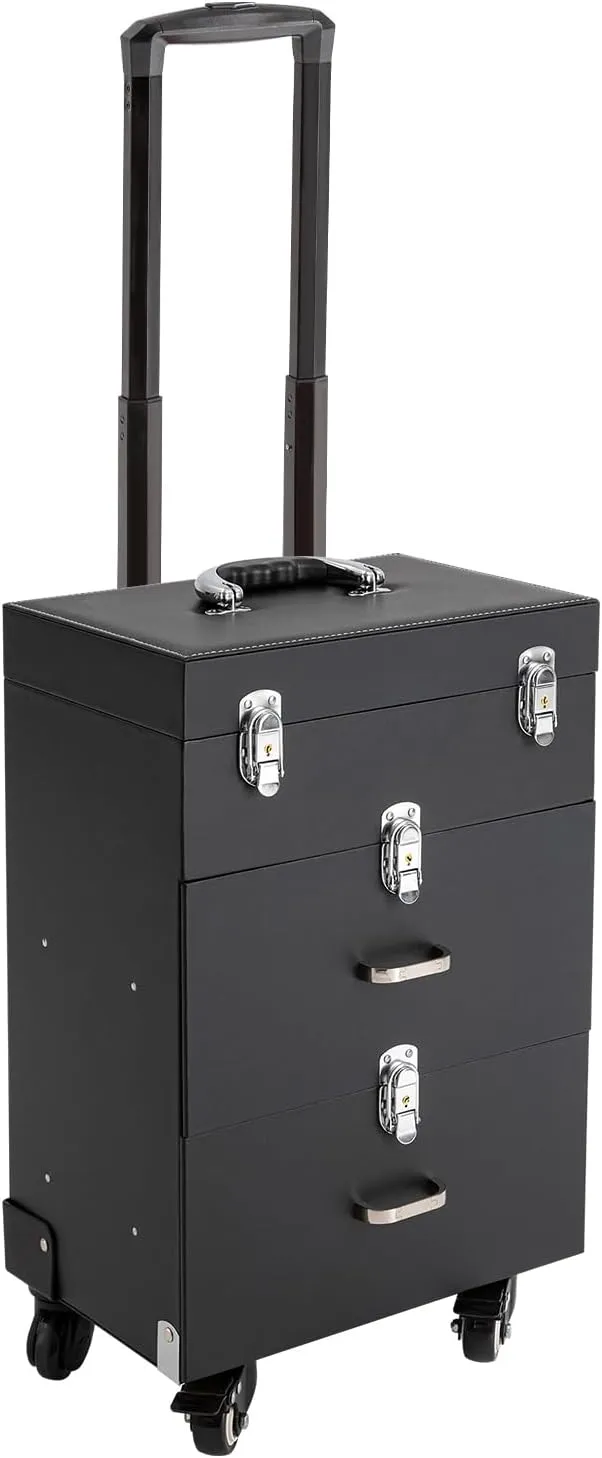 Rolling Makeup Train Case With Drawer Travel Cosmetic Box Make Up Train Storage Trolley Organizer Luggage W/ 4Universal Wheels For Makeup Artist Hairdresser Nail Artist Esthetician (Black)