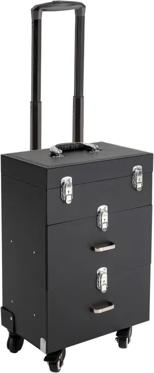 Rolling Makeup Train Case With Drawer Travel Cosmetic Box Make Up Train Storage Trolley Organizer Luggage W/ 4Universal Wheels For Makeup Artist Hairdresser Nail Artist Esthetician (Black)
