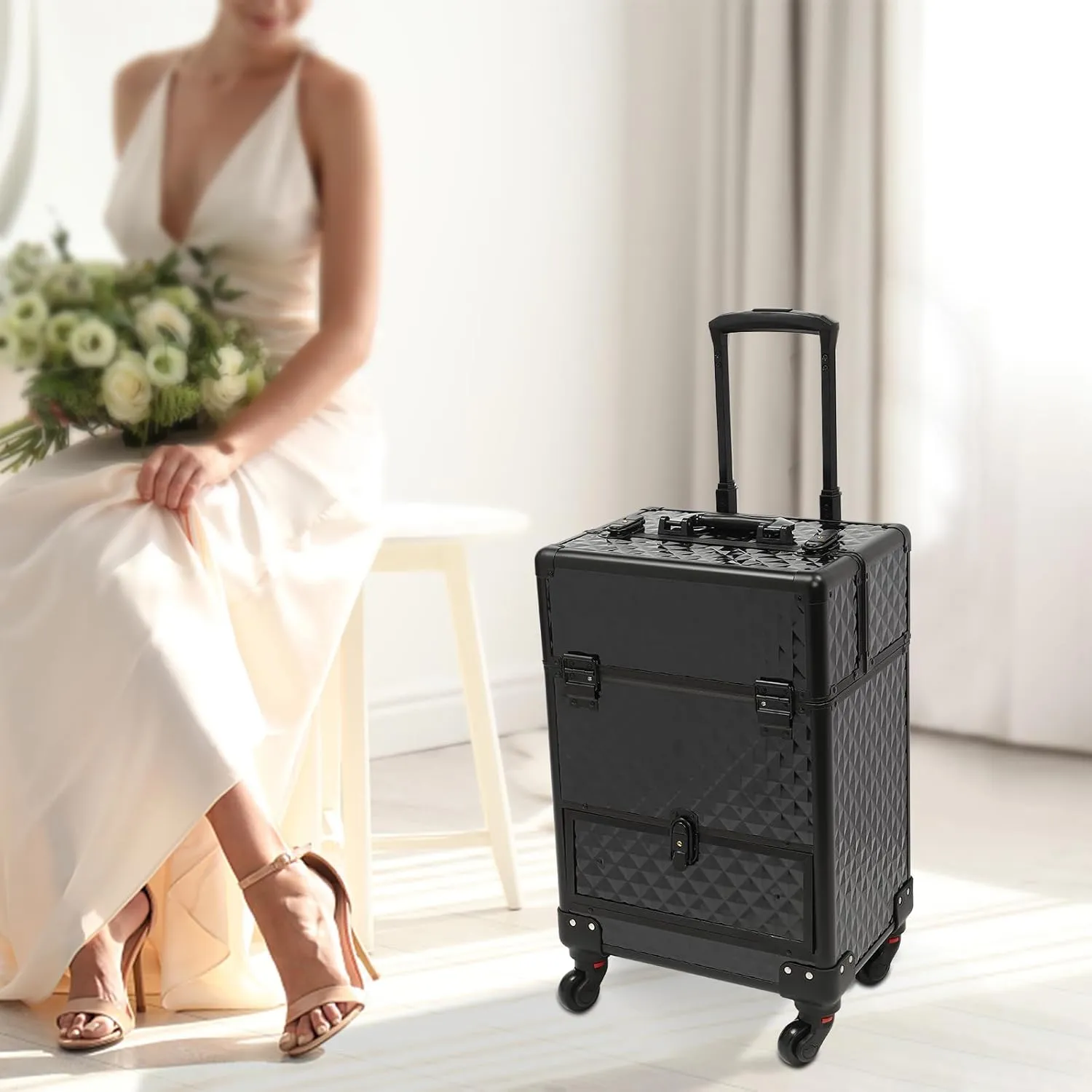 Rolling Makeup Trolley Case, Makeup Train Case with Keys Swivel Wheels, Makeup Suitcase Organizer on Wheels for Nail Tech Hairstylists