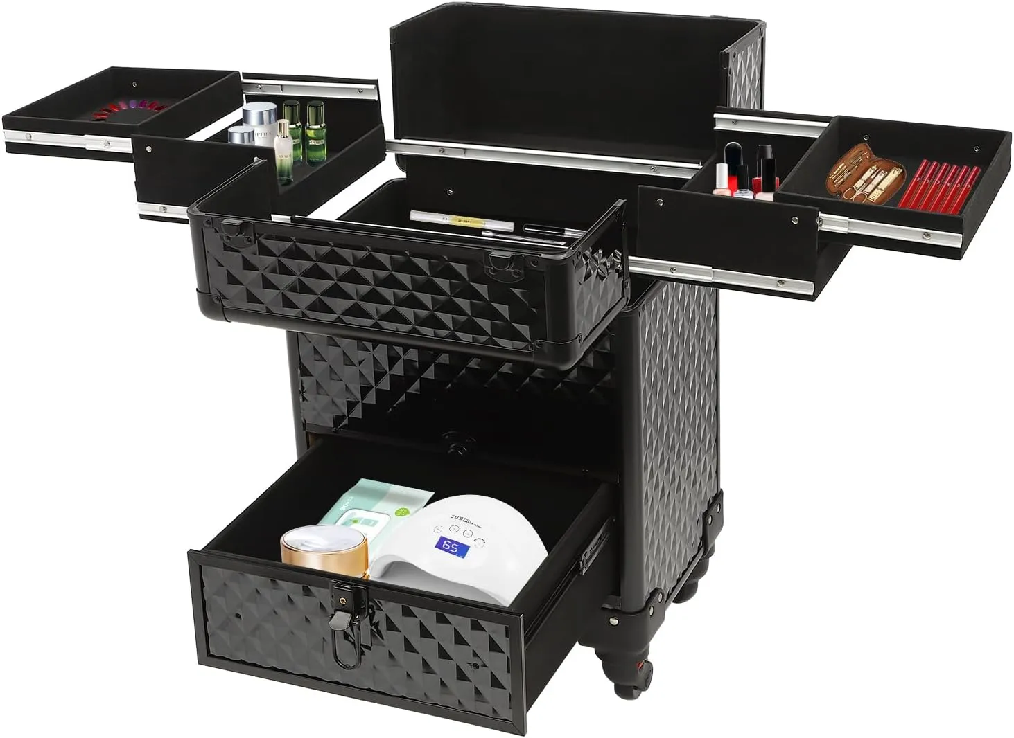 Rolling Makeup Trolley Case, Makeup Train Case with Keys Swivel Wheels, Makeup Suitcase Organizer on Wheels for Nail Tech Hairstylists