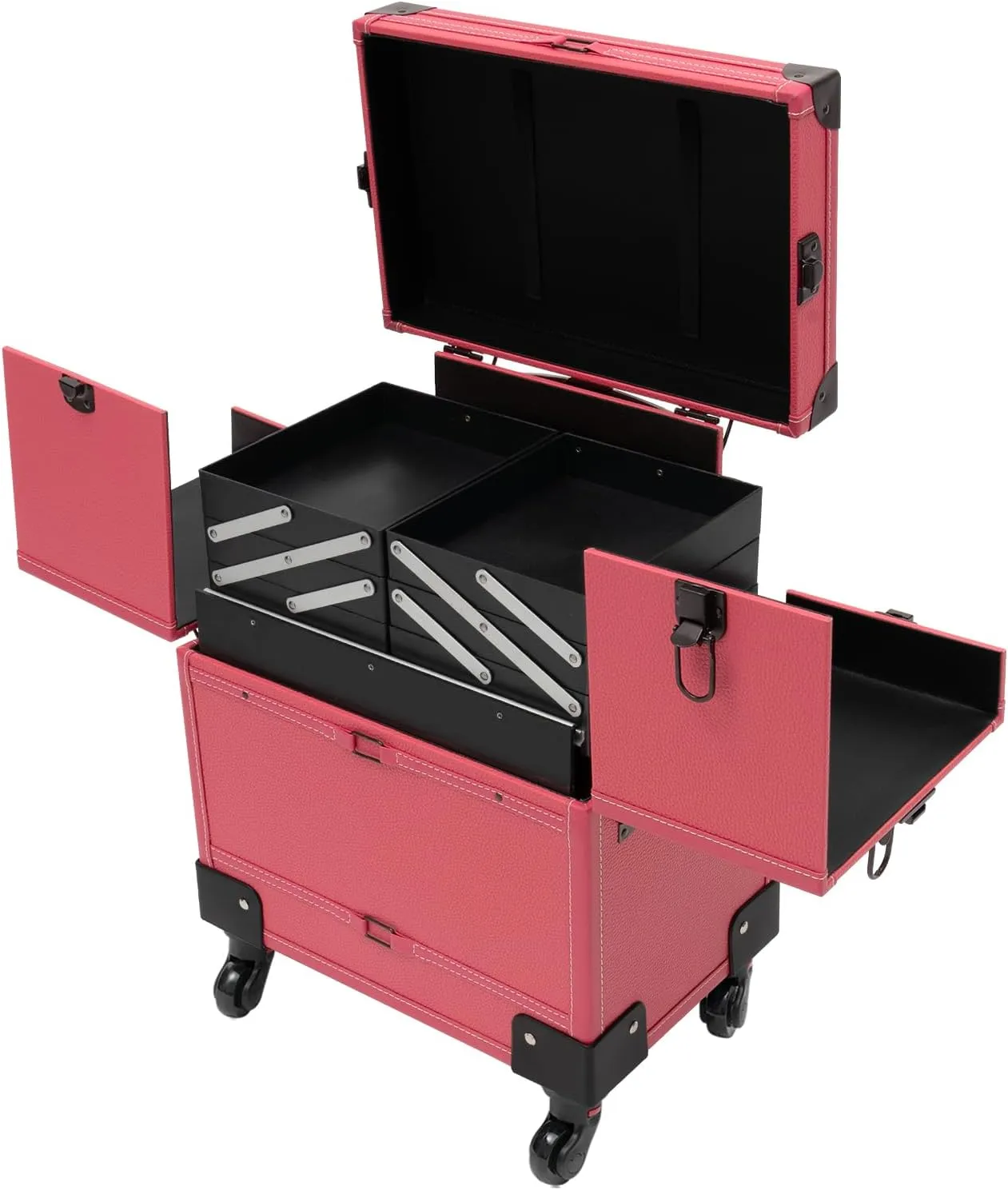 Rolling Makeup Trolley Cosmetic Train Case with Wheels & Mirror Large Makeup Suitcase with Keys Swivel Wheels Traveling Cart Trunk (Rose)