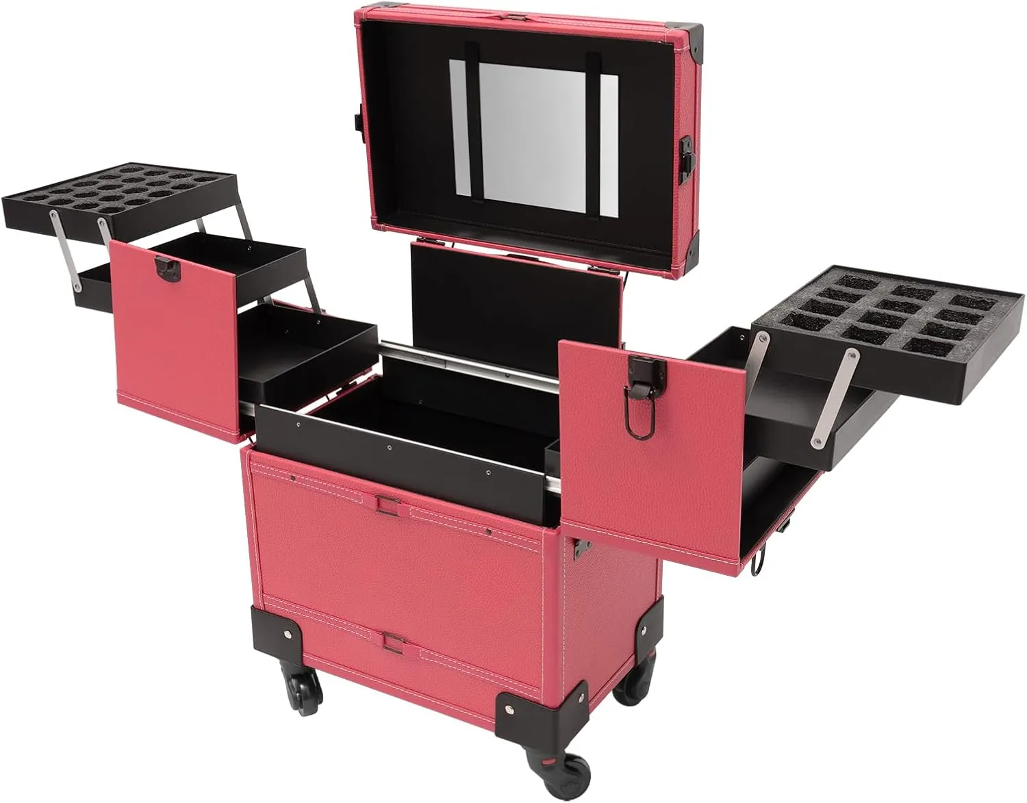 Rolling Makeup Trolley Cosmetic Train Case with Wheels & Mirror Large Makeup Suitcase with Keys Swivel Wheels Traveling Cart Trunk (Rose)