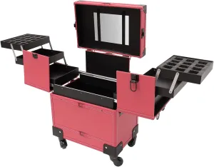 Rolling Makeup Trolley Cosmetic Train Case with Wheels & Mirror Large Makeup Suitcase with Keys Swivel Wheels Traveling Cart Trunk (Rose)