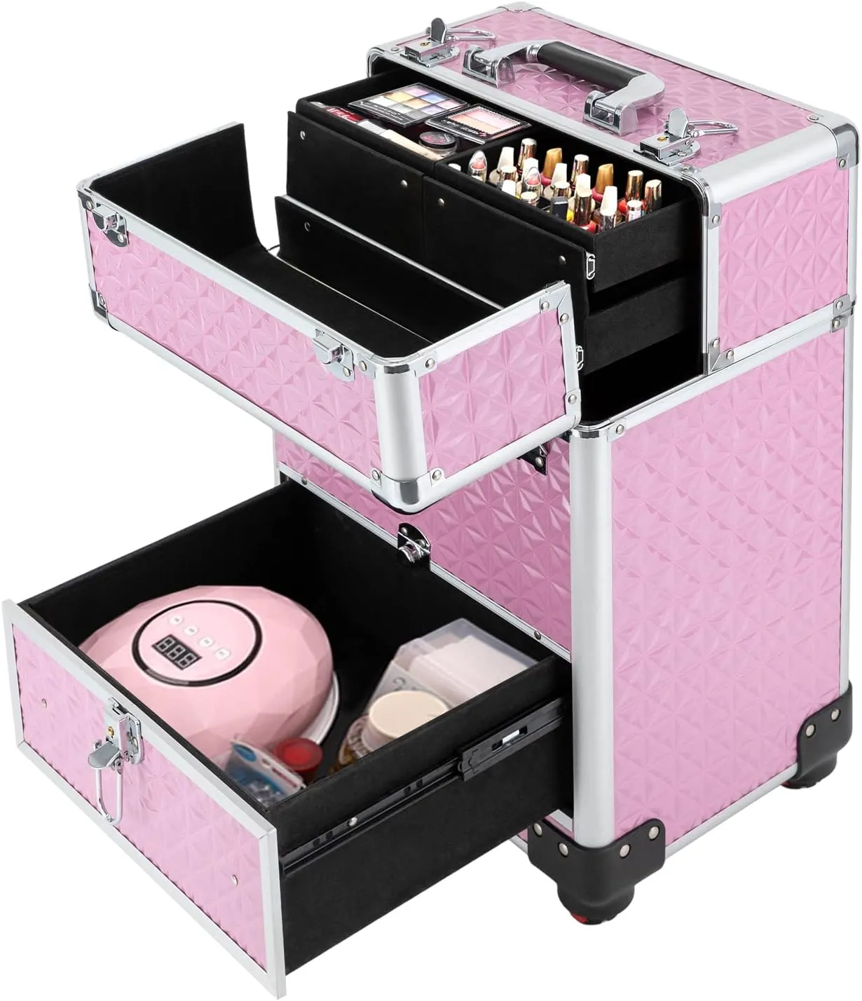 Rolling Makeup Trolley Professional Nail Case Wheeled Manicure Storage Case Stylish Polish Organizer for Studio or Travelling Nail Technician Artists Cosmetologist Stylist, 13.4*9.8*18.5inch, Pink