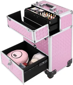 Rolling Makeup Trolley Professional Nail Case Wheeled Manicure Storage Case Stylish Polish Organizer for Studio or Travelling Nail Technician Artists Cosmetologist Stylist, 13.4*9.8*18.5inch, Pink