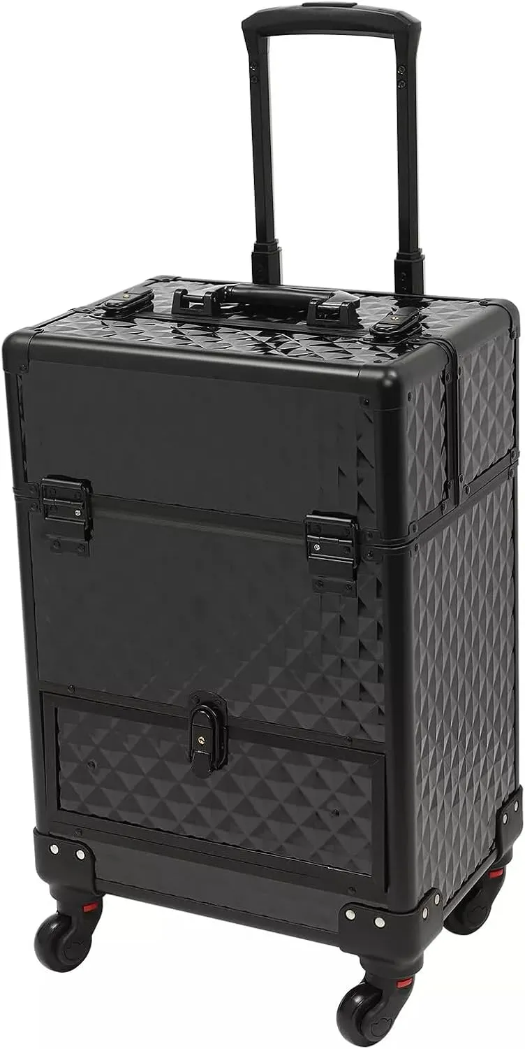 Rolling Nail Case Wheeled Manicure Storage Case, Professional Cosmetology Case, Large Cosmetic Trolley Travelling Cart Trunk with Locks and Drawers, Makeup Case with 4 Universal Wheels (Black)