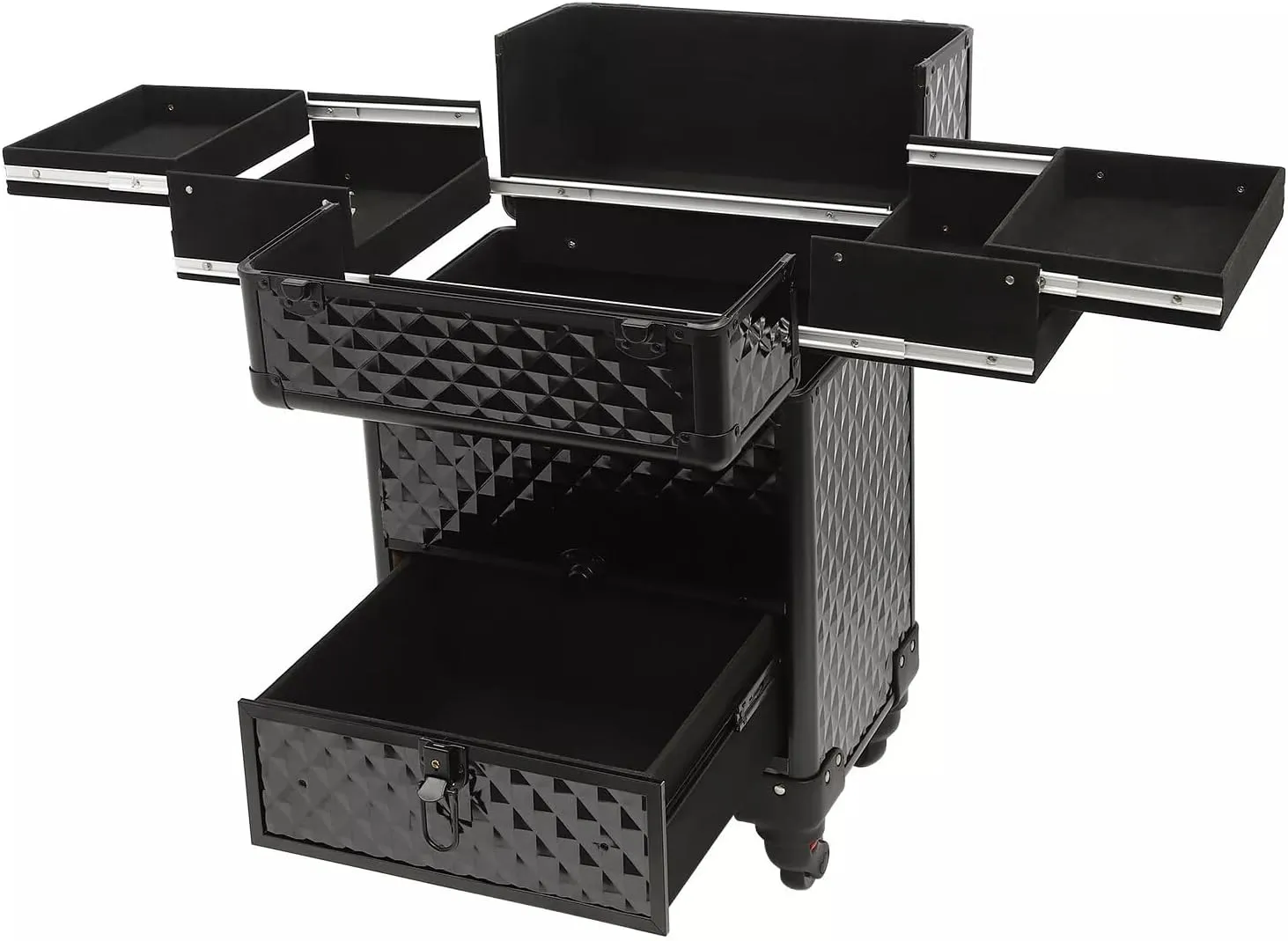 Rolling Nail Case Wheeled Manicure Storage Case, Professional Cosmetology Case, Large Cosmetic Trolley Travelling Cart Trunk with Locks and Drawers, Makeup Case with 4 Universal Wheels (Black)