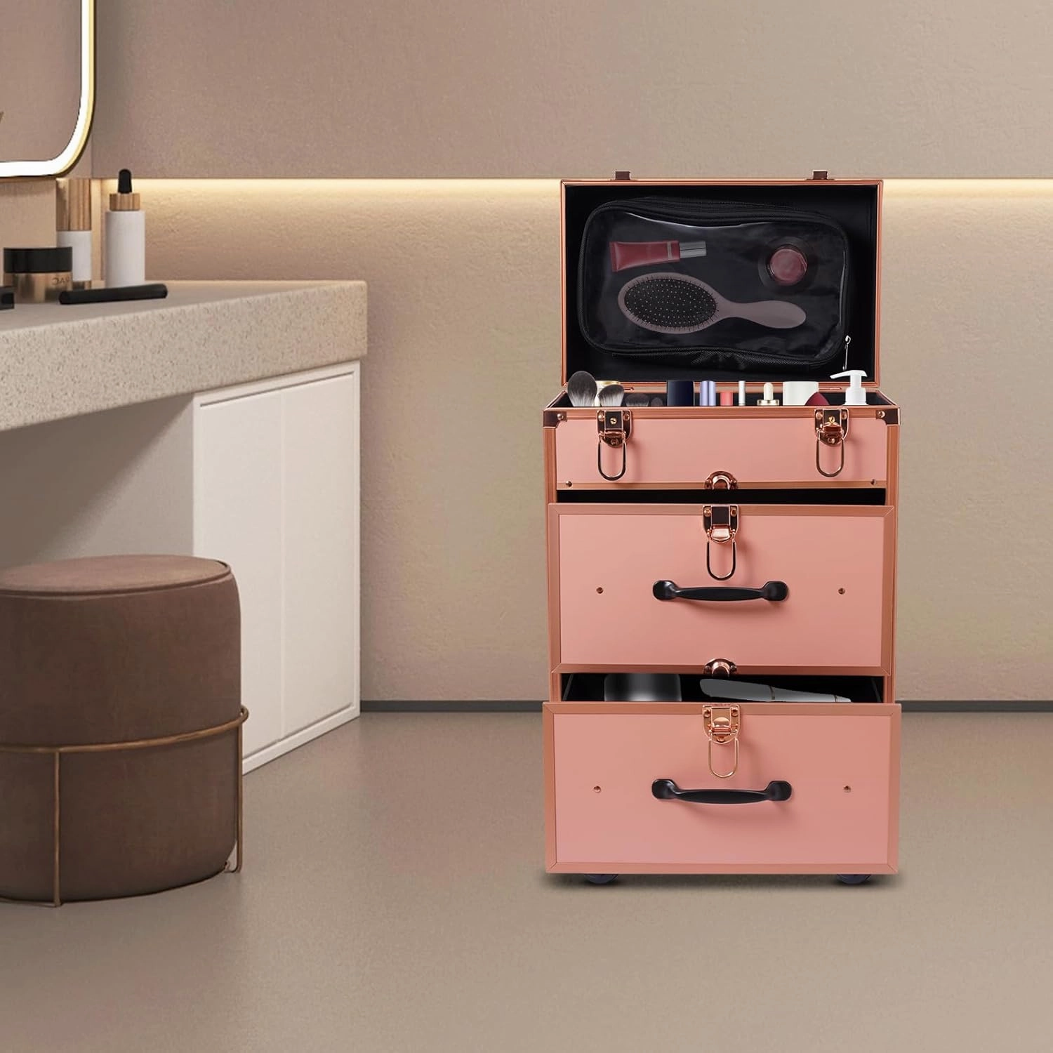 Rolling Makeup Case, Large Cosmetic Trolley with Locks, Professional Rolling Makeup Trolley with Dividers, Large Storage for Make-Up Artists, Nail Technicians, Beauticians (Gold)