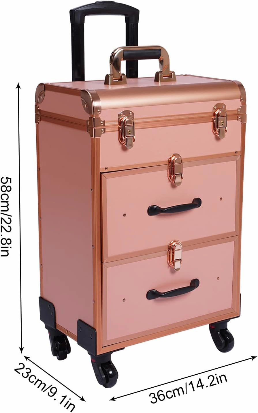 Rolling Makeup Case, Large Cosmetic Trolley with Locks, Professional Rolling Makeup Trolley with Dividers, Large Storage for Make-Up Artists, Nail Technicians, Beauticians (Gold)