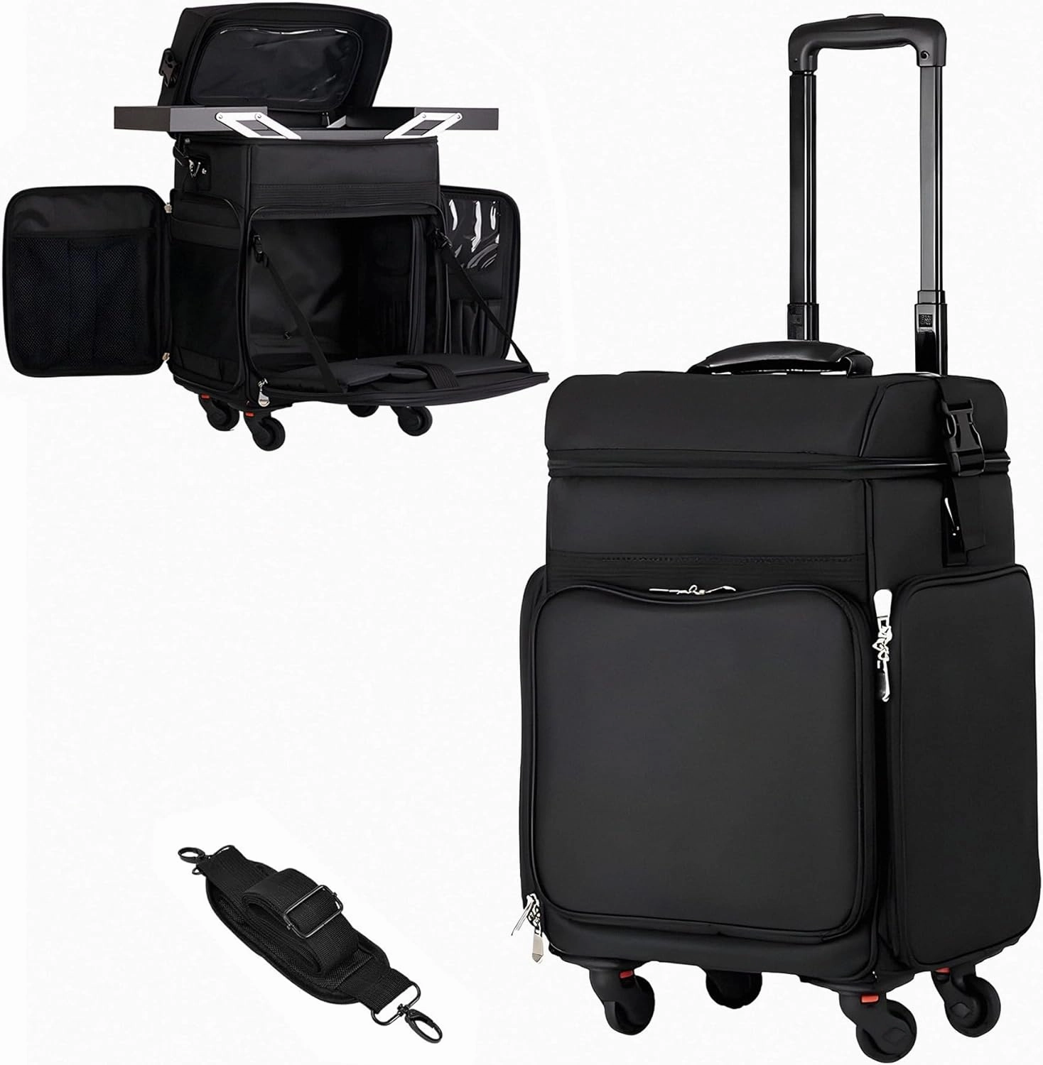 Rolling Makeup Case,Makeup Case Organizer with 2 trays and 4 Removable Silent Wheel, Professional Makeup Train Case with Wheels,Suitable for Makeup, Hairstylist and Nail Salon (Black)