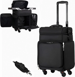Rolling Makeup Case,Makeup Case Organizer with 2 trays and 4 Removable Silent Wheel, Professional Makeup Train Case with Wheels,Suitable for Makeup, Hairstylist and Nail Salon (Black)