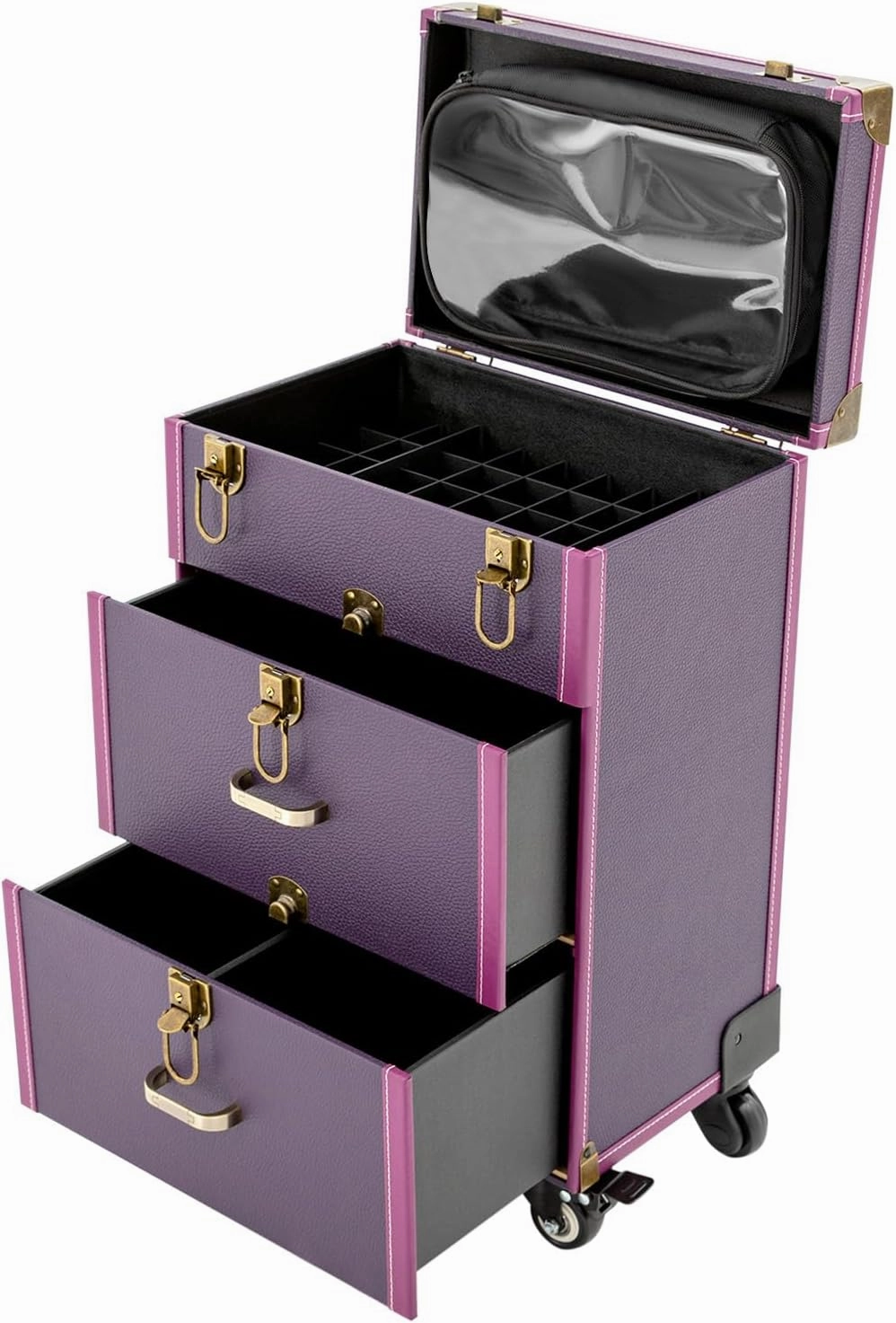 Rolling Makeup Case, Makeup Train Case Professional Cosmetics Rolling Beauty Organizer (Purple)