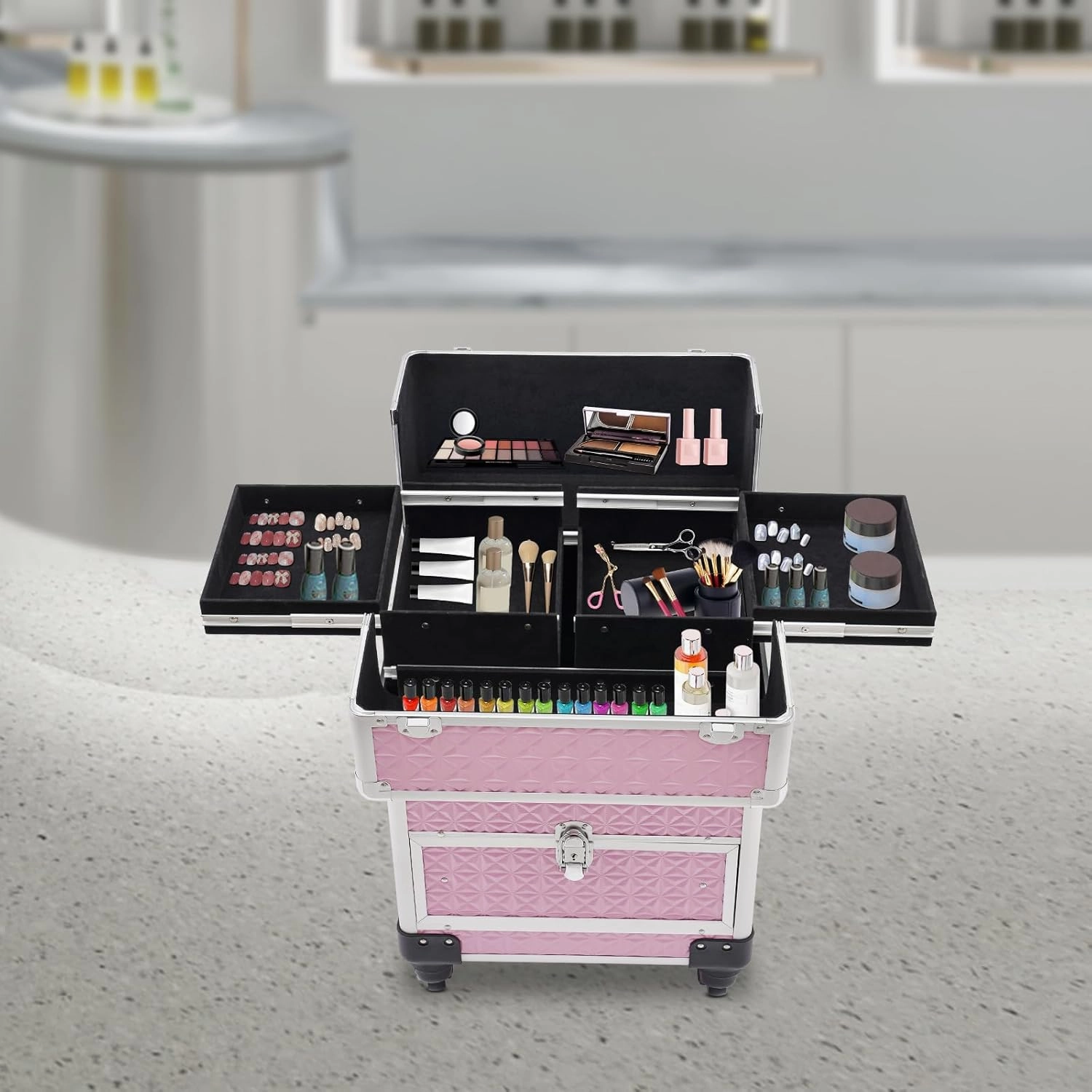 Rolling Makeup Case with Drawers, Professional Makeup Trolley Storage with Retractable 4-Layer Trays, Nail Case with Wheels, for Studio or Travelling Nail Artists Cosmetologist Stylist (Pink)