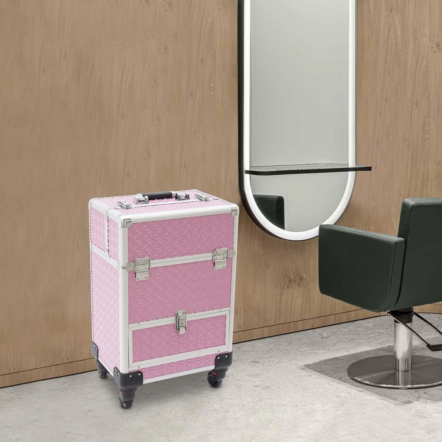 Rolling Makeup Case with Drawers, Professional Makeup Trolley Storage with Retractable 4-Layer Trays, Nail Case with Wheels, for Studio or Travelling Nail Artists Cosmetologist Stylist (Pink)