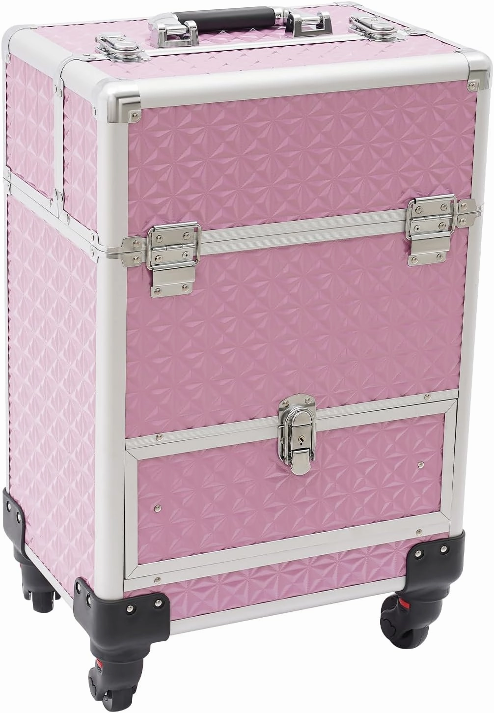 Rolling Makeup Case with Drawers, Professional Makeup Trolley Storage with Retractable 4-Layer Trays, Nail Case with Wheels, for Studio or Travelling Nail Artists Cosmetologist Stylist (Pink)