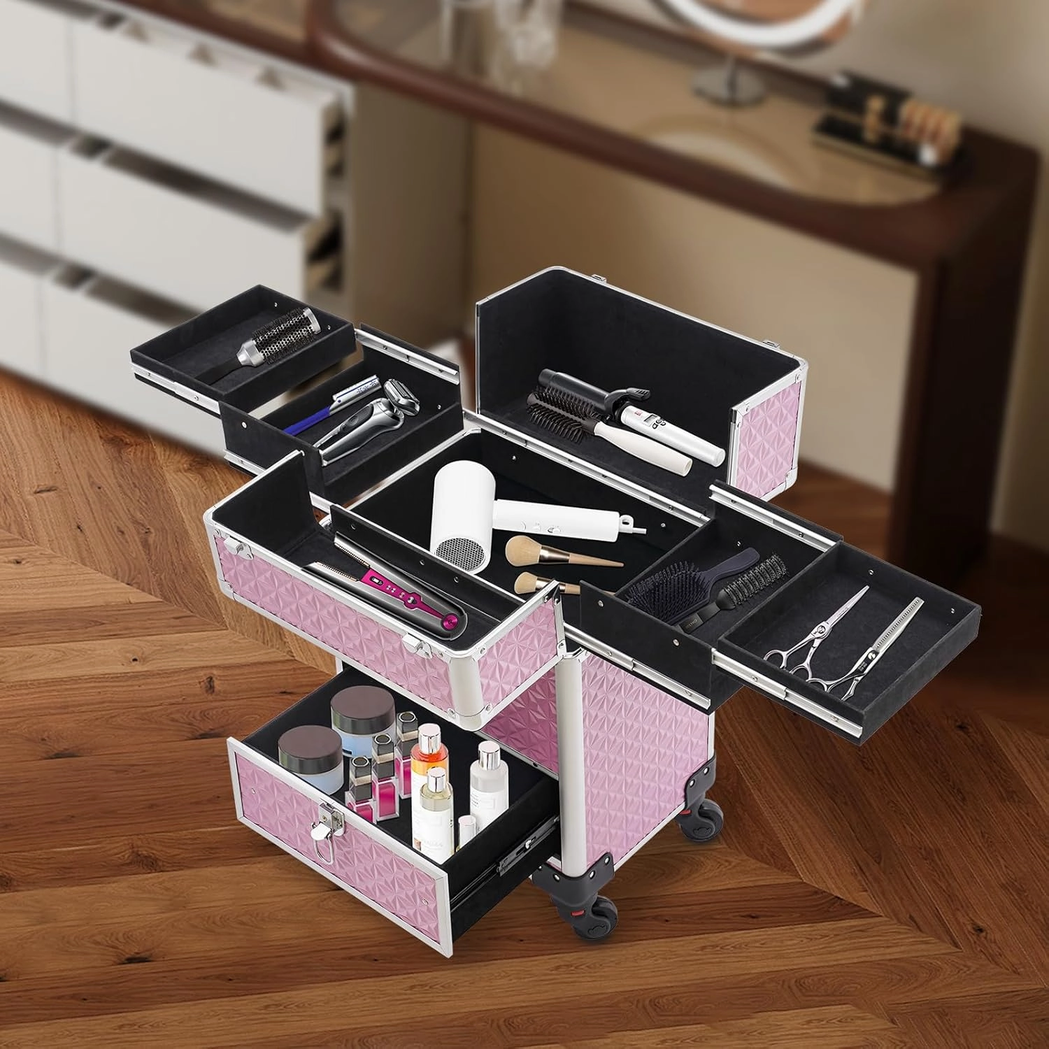 Rolling Makeup Case with Drawers, Professional Makeup Trolley Storage with Retractable 4-Layer Trays, Nail Case with Wheels, for Studio or Travelling Nail Artists Cosmetologist Stylist (Pink)